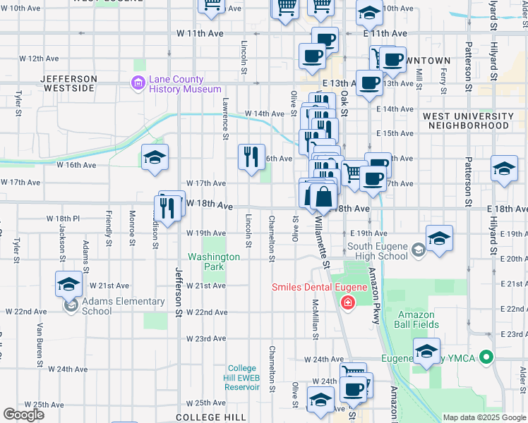 map of restaurants, bars, coffee shops, grocery stores, and more near 1810 Charnelton Street in Eugene