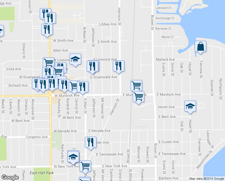 map of restaurants, bars, coffee shops, grocery stores, and more near 1812 Ashland Street in Oshkosh