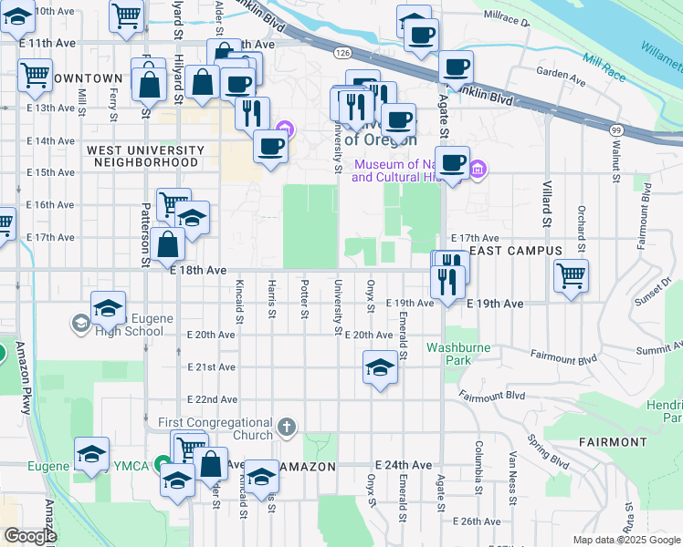 map of restaurants, bars, coffee shops, grocery stores, and more near 1801 University Street in Eugene