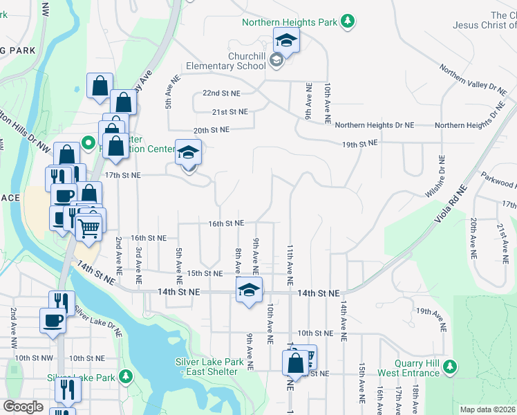map of restaurants, bars, coffee shops, grocery stores, and more near 1607 9th Avenue Northeast in Rochester