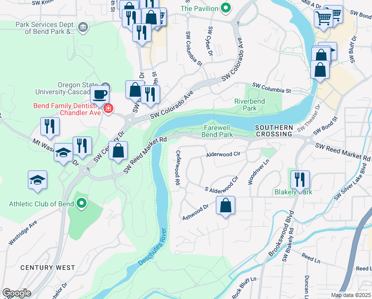 map of restaurants, bars, coffee shops, grocery stores, and more near 61676 Cedarwood Road in Bend