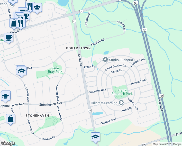 map of restaurants, bars, coffee shops, grocery stores, and more near 1070 Warby Trail in Newmarket