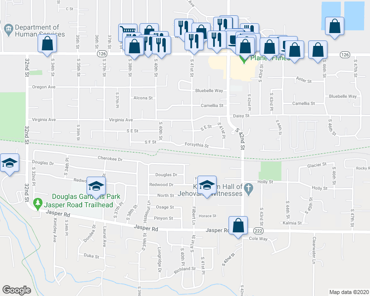 map of restaurants, bars, coffee shops, grocery stores, and more near 4071 Forsythia Street in Springfield
