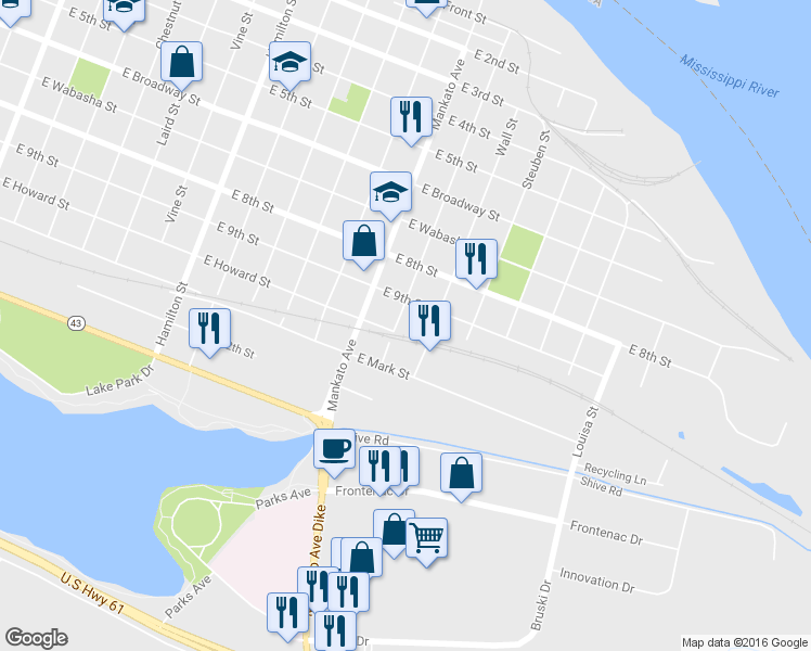 map of restaurants, bars, coffee shops, grocery stores, and more near 470 Chatfield Street in Winona