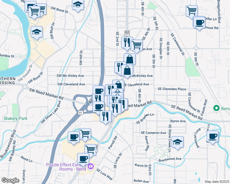 map of restaurants, bars, coffee shops, grocery stores, and more near 1045 Southeast 3rd Street in Bend