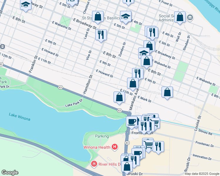 map of restaurants, bars, coffee shops, grocery stores, and more near 655 East Mark Street in Winona