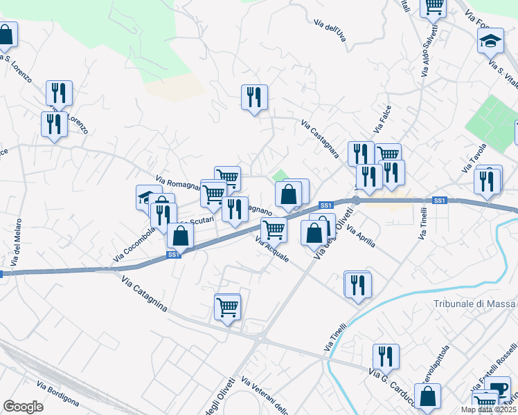 map of restaurants, bars, coffee shops, grocery stores, and more near 42 Via Romagnano in Massa