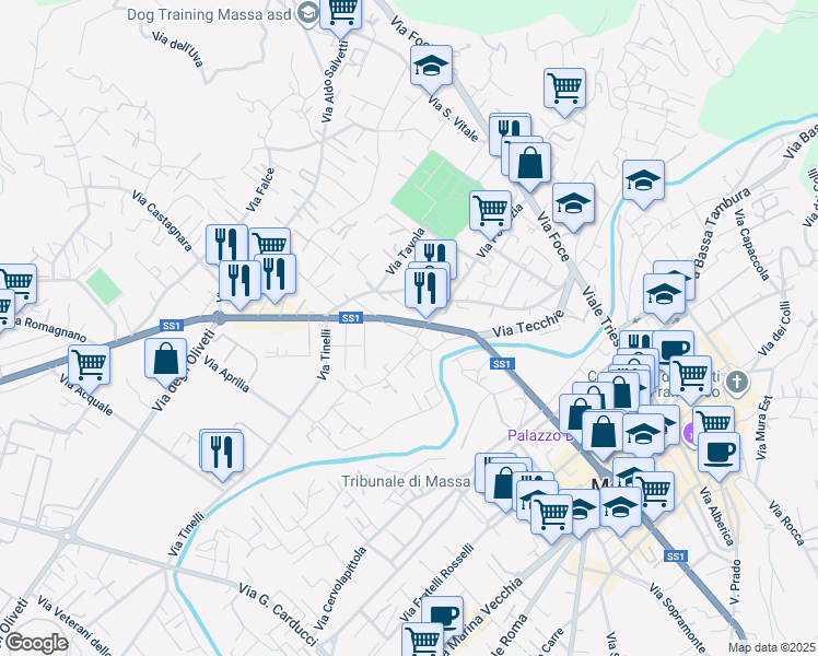 map of restaurants, bars, coffee shops, grocery stores, and more near 12 Strada Statale 1 Aurelia in Massa