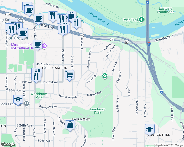 map of restaurants, bars, coffee shops, grocery stores, and more near 80 Sunset Drive in Eugene