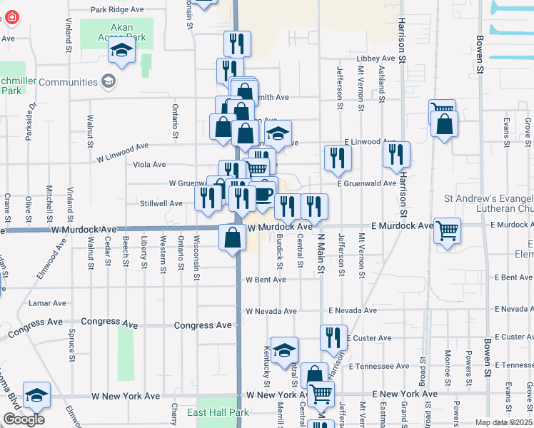 map of restaurants, bars, coffee shops, grocery stores, and more near 210 West Murdock Avenue in Oshkosh