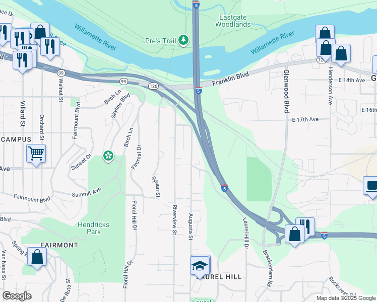 map of restaurants, bars, coffee shops, grocery stores, and more near 1750 Augusta Street in Eugene
