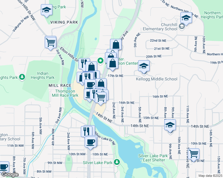 map of restaurants, bars, coffee shops, grocery stores, and more near 1627 2nd Avenue Northeast in Rochester