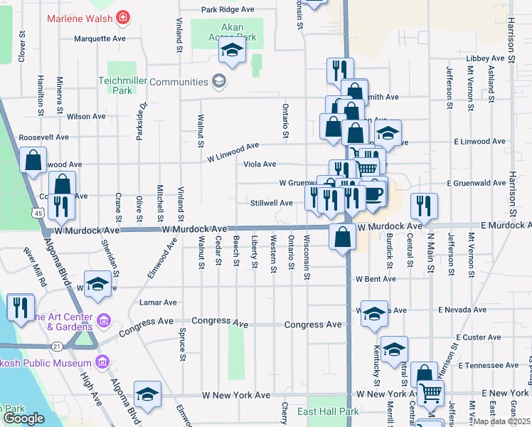 map of restaurants, bars, coffee shops, grocery stores, and more near 800 West Murdock Avenue in Oshkosh