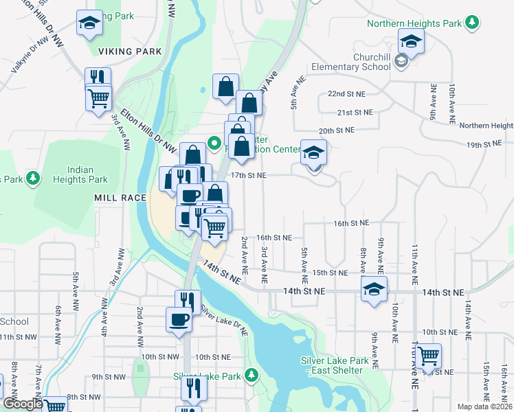 map of restaurants, bars, coffee shops, grocery stores, and more near 1633 3rd Ave NE in Rochester