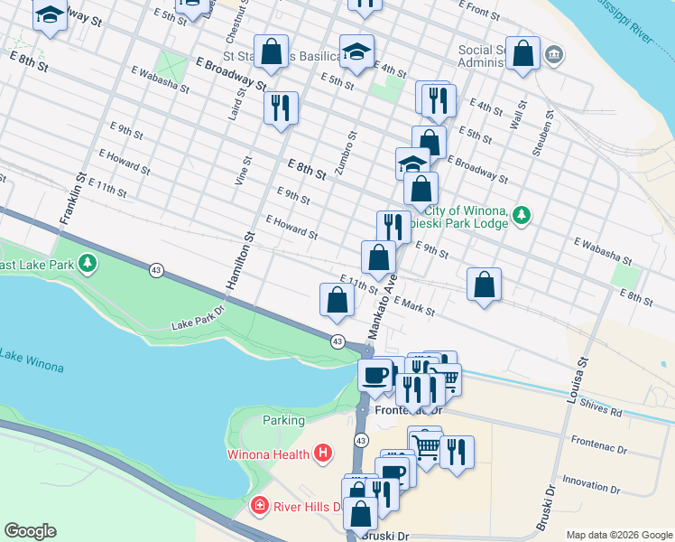 map of restaurants, bars, coffee shops, grocery stores, and more near 702 East Mark Street in Winona