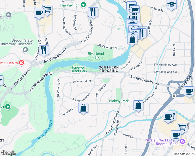 map of restaurants, bars, coffee shops, grocery stores, and more near 20075 Alderwood Cir in Bend