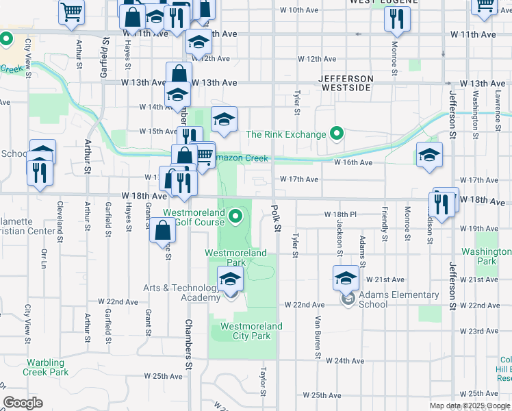 map of restaurants, bars, coffee shops, grocery stores, and more near 1862 Taylor Street in Eugene