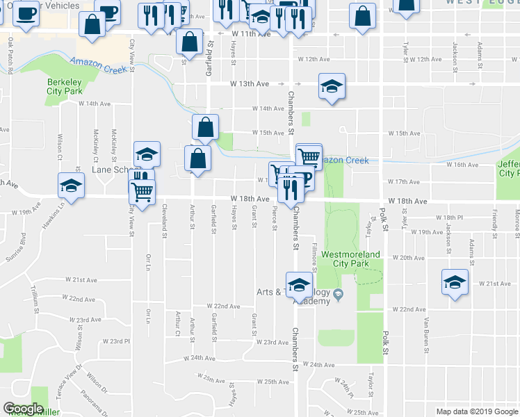 map of restaurants, bars, coffee shops, grocery stores, and more near 1825 Grant Street in Eugene