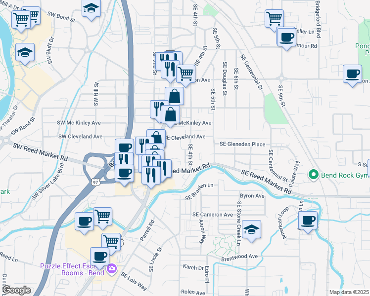map of restaurants, bars, coffee shops, grocery stores, and more near 1036 Southeast Leonel Lane in Bend