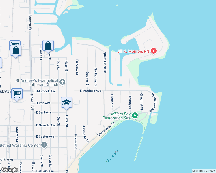 map of restaurants, bars, coffee shops, grocery stores, and more near 1820 White Swan Drive in Oshkosh