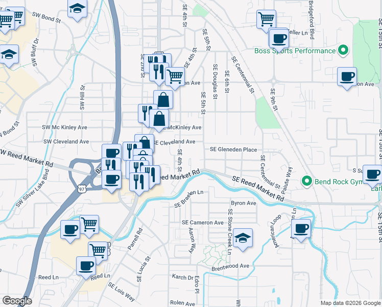 map of restaurants, bars, coffee shops, grocery stores, and more near 495 Southeast Cleveland Avenue in Bend