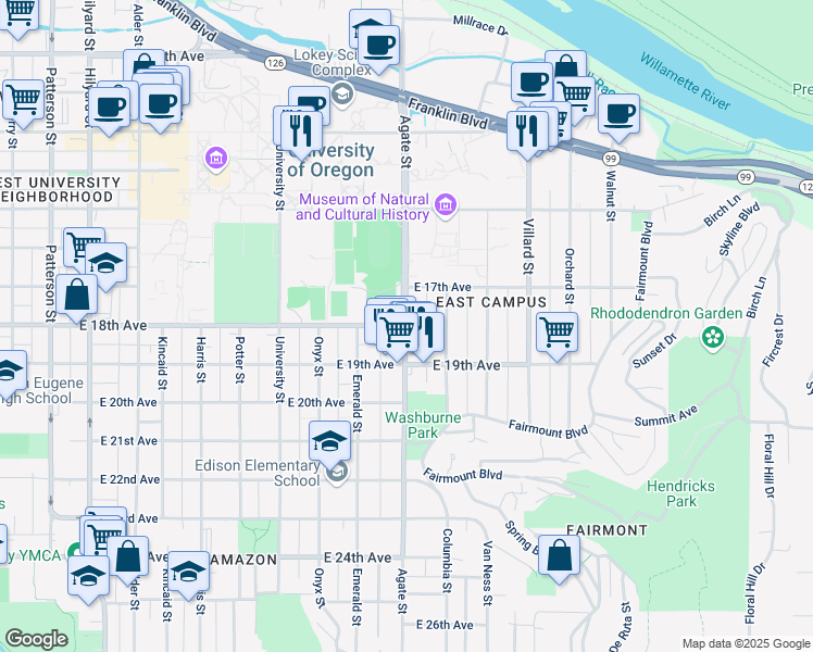 map of restaurants, bars, coffee shops, grocery stores, and more near University of Oregon in Eugene