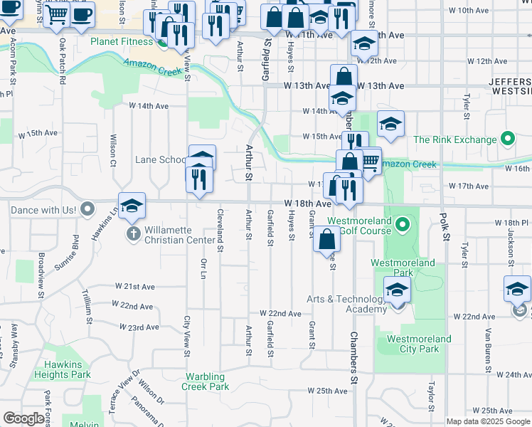 map of restaurants, bars, coffee shops, grocery stores, and more near 1830 Garfield Street in Eugene