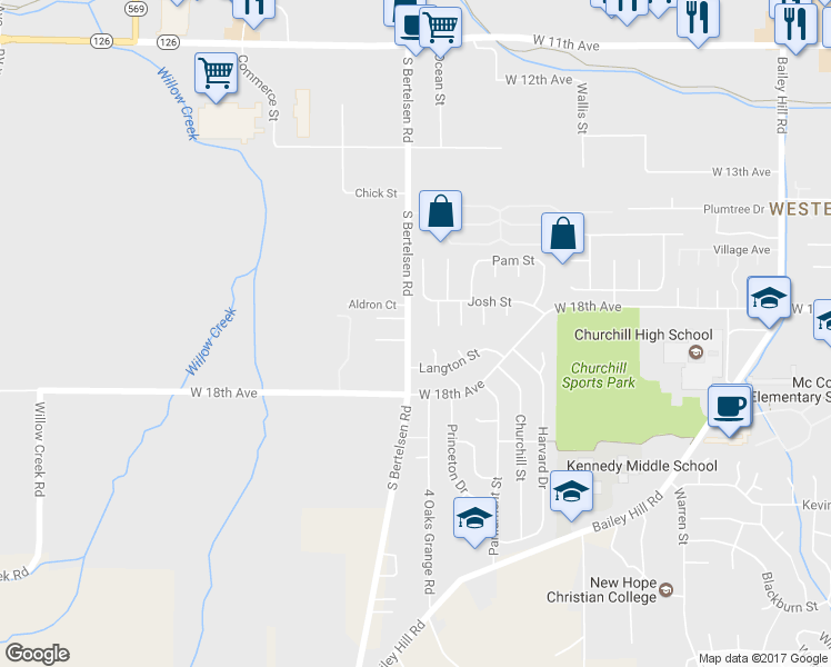 map of restaurants, bars, coffee shops, grocery stores, and more near 1633 South Bertelsen Road in Eugene