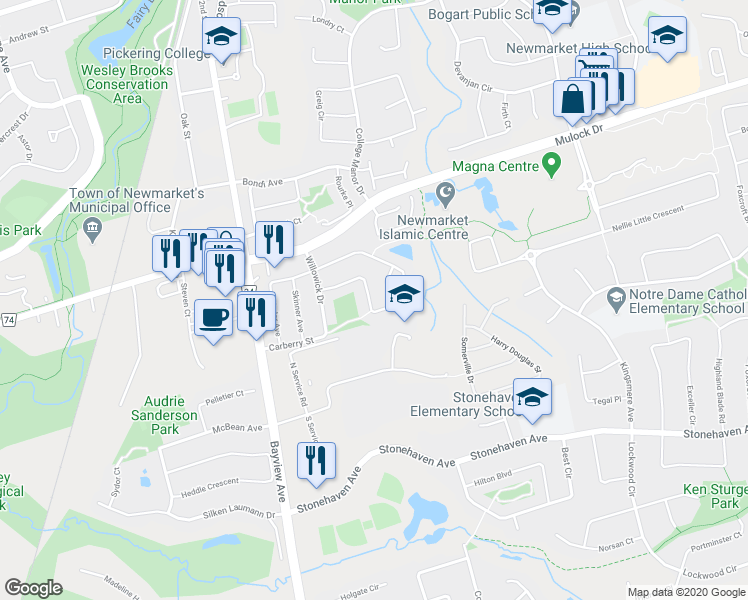 map of restaurants, bars, coffee shops, grocery stores, and more near 726 Walpole Crescent in Newmarket