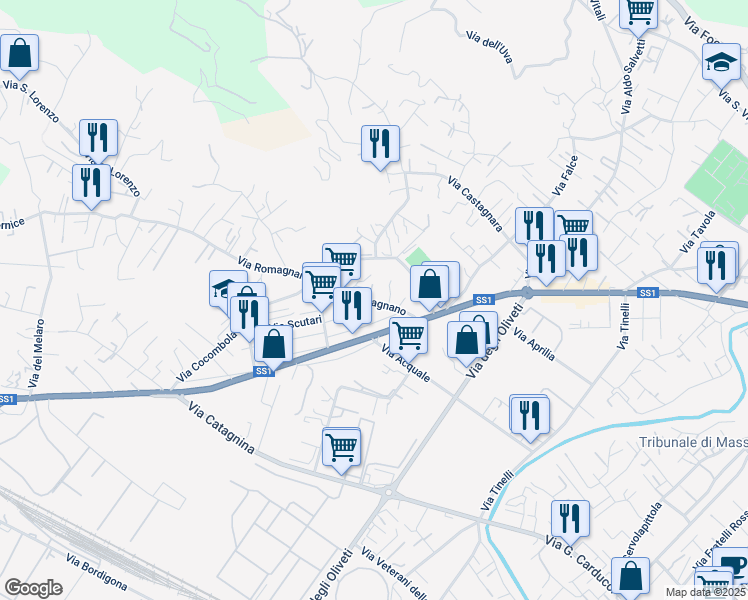 map of restaurants, bars, coffee shops, grocery stores, and more near 42 Via Romagnano in Massa