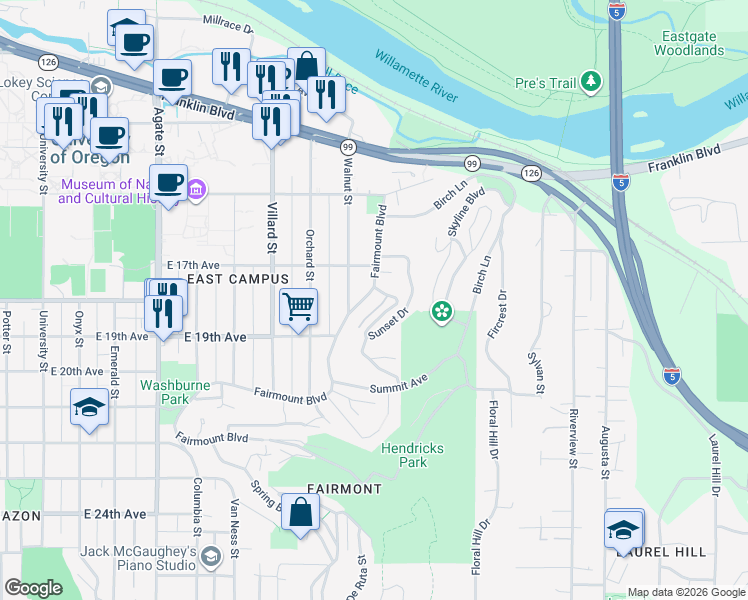map of restaurants, bars, coffee shops, grocery stores, and more near 1799 Fairmount Boulevard in Eugene