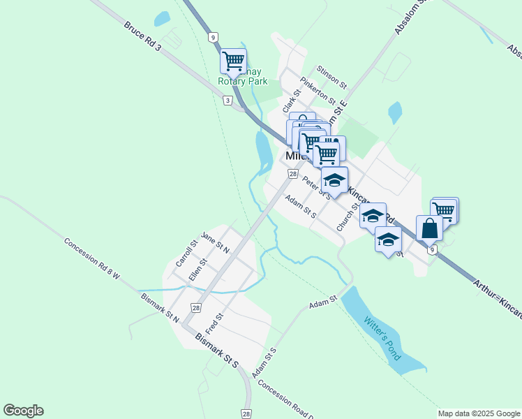 map of restaurants, bars, coffee shops, grocery stores, and more near 38 Absalom Street West in Mildmay