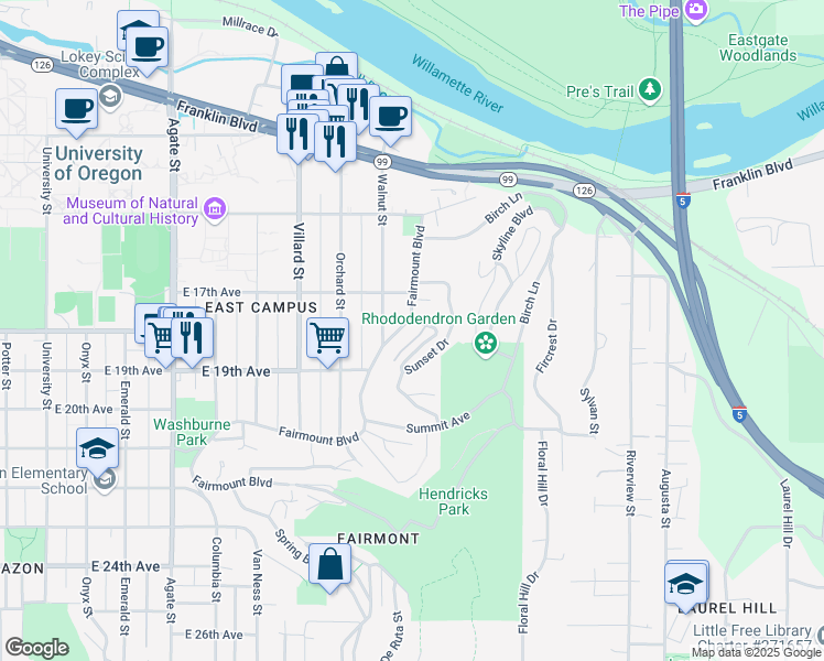 map of restaurants, bars, coffee shops, grocery stores, and more near 1799 Fairmount Boulevard in Eugene