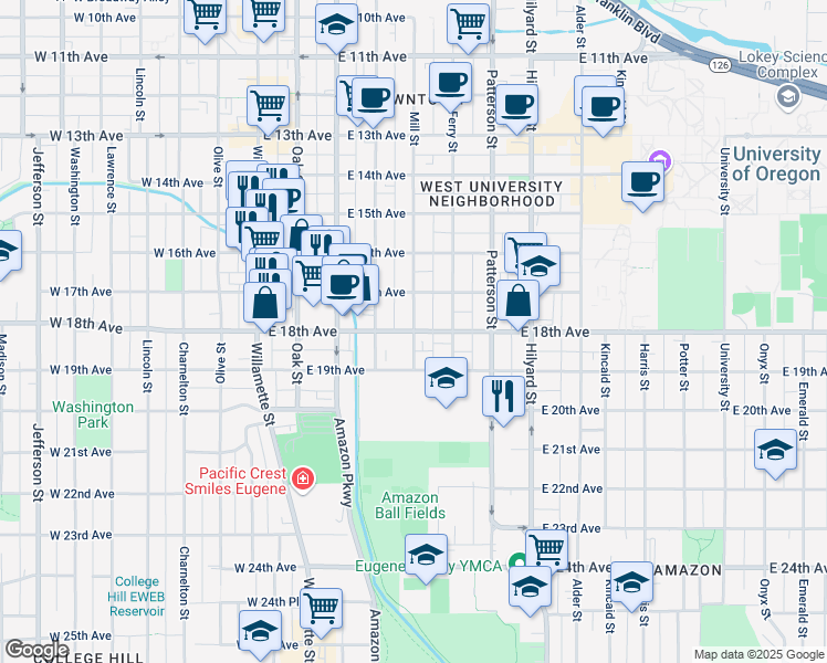 map of restaurants, bars, coffee shops, grocery stores, and more near Mill St & E 18th Ave in Eugene