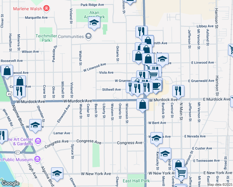 map of restaurants, bars, coffee shops, grocery stores, and more near 710 West Murdock Avenue in Oshkosh