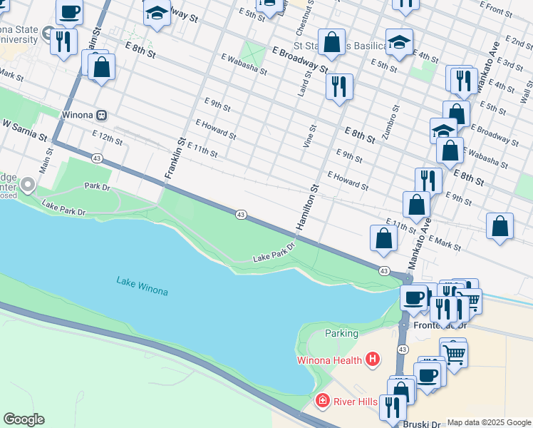 map of restaurants, bars, coffee shops, grocery stores, and more near 466 East Sarnia Street in Winona