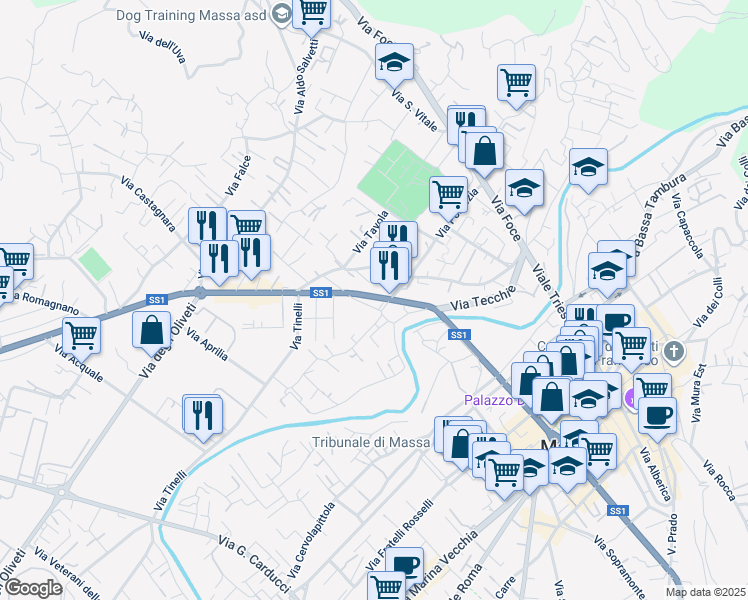 map of restaurants, bars, coffee shops, grocery stores, and more near 12 Strada Statale 1 Aurelia in Massa