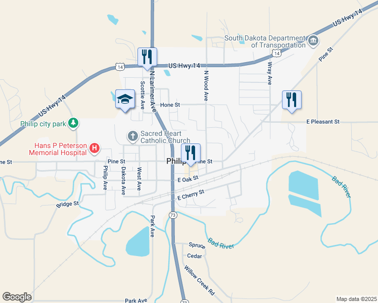 map of restaurants, bars, coffee shops, grocery stores, and more near 180 Center Avenue in Philip