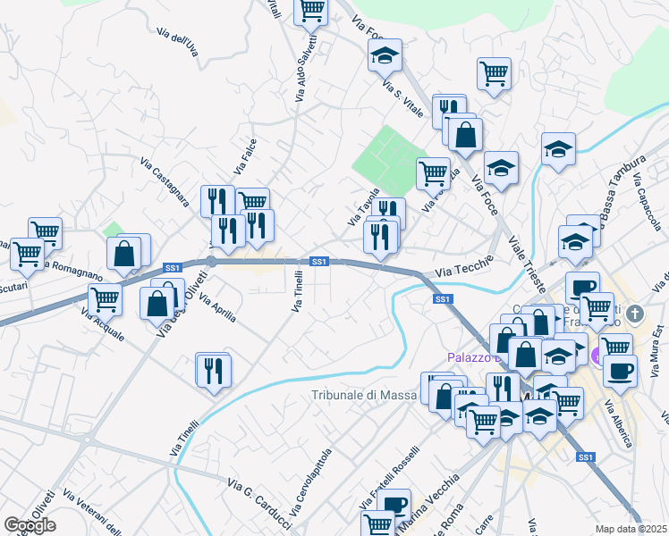 map of restaurants, bars, coffee shops, grocery stores, and more near 2 Via Pontinia in Massa