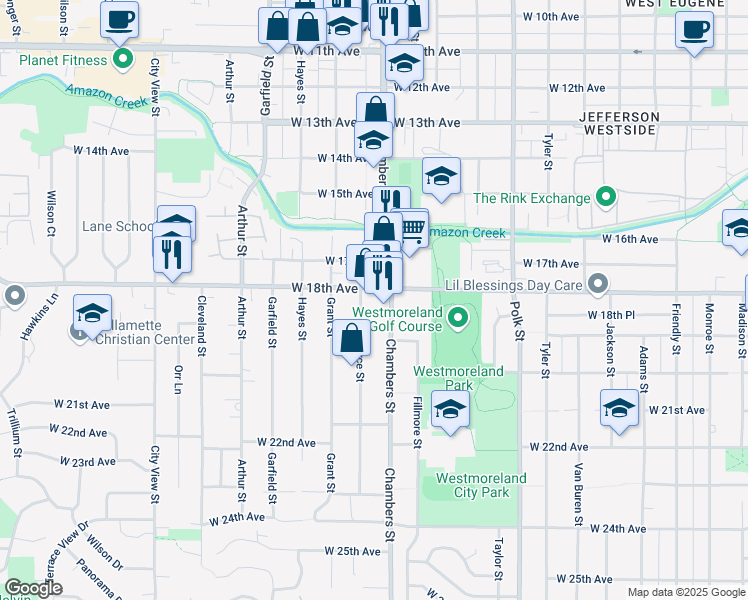 map of restaurants, bars, coffee shops, grocery stores, and more near 1744 West 18th Avenue in Eugene