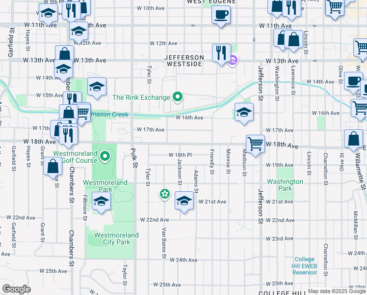 map of restaurants, bars, coffee shops, grocery stores, and more near 1815 Jackson Street in Eugene