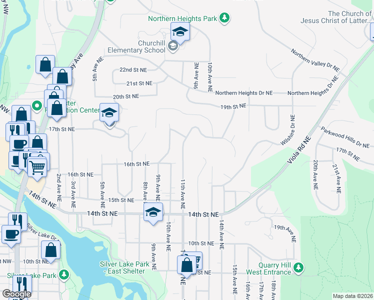 map of restaurants, bars, coffee shops, grocery stores, and more near 1630 11th Avenue Northeast in Rochester
