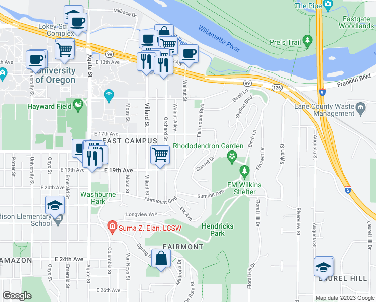 map of restaurants, bars, coffee shops, grocery stores, and more near 1820 Fairmount Boulevard in Eugene