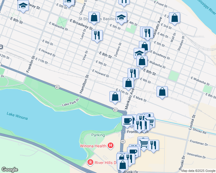 map of restaurants, bars, coffee shops, grocery stores, and more near 655 East Mark Street in Winona