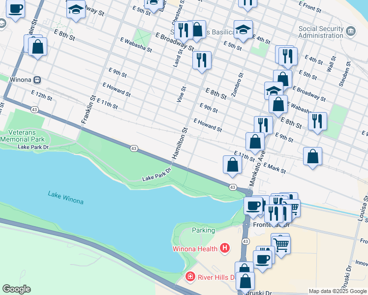 map of restaurants, bars, coffee shops, grocery stores, and more near 558 East 12th Street in Winona