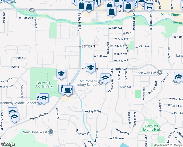 map of restaurants, bars, coffee shops, grocery stores, and more near 3590 West 18th Avenue in Eugene