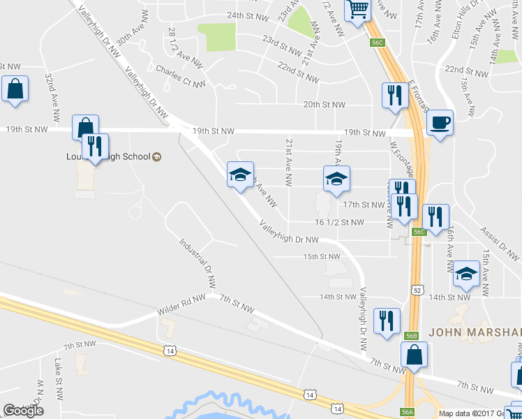 map of restaurants, bars, coffee shops, grocery stores, and more near 2241 Valleyhigh Drive Northwest in Rochester