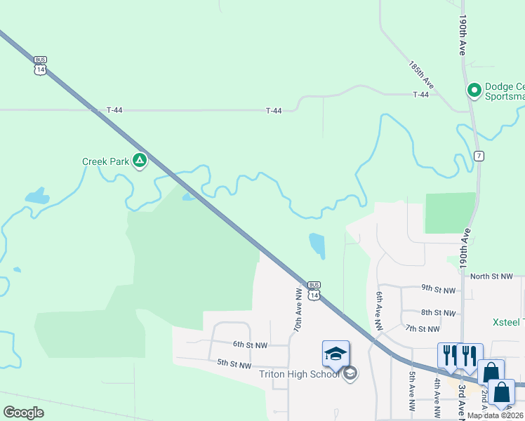 map of restaurants, bars, coffee shops, grocery stores, and more near 18250 County Highway 34 in Dodge Center