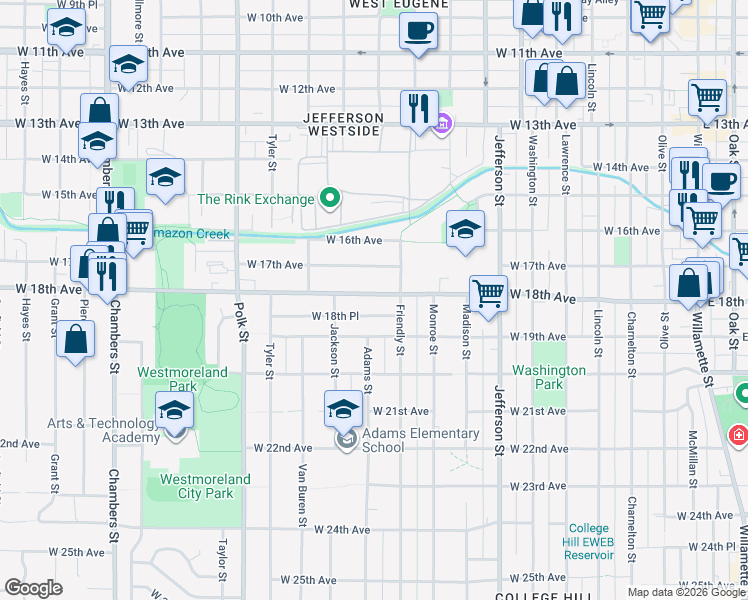 map of restaurants, bars, coffee shops, grocery stores, and more near 880 West 18th Avenue in Eugene