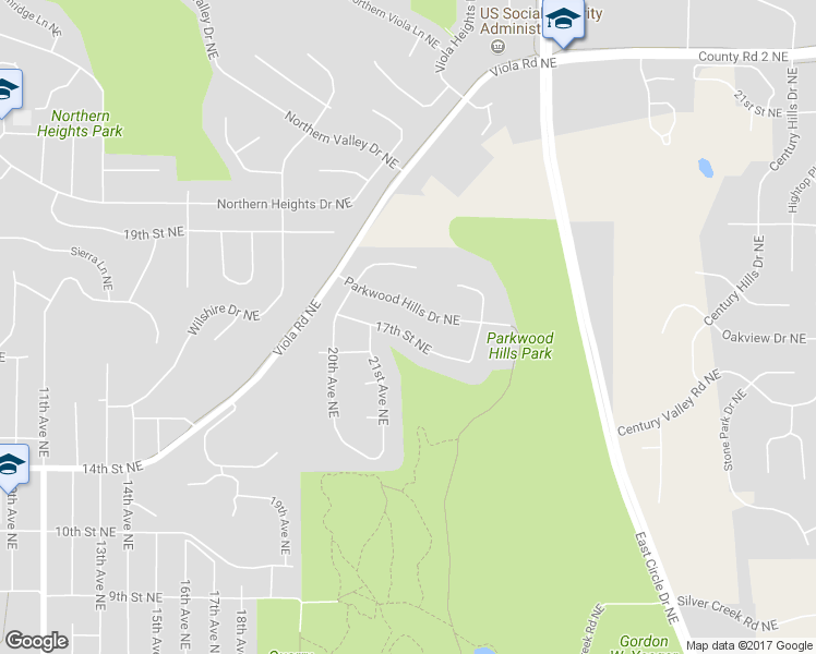 map of restaurants, bars, coffee shops, grocery stores, and more near 2127 17th Street Northeast in Rochester